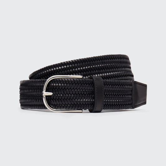 Woven Elasticated Leather Belt Black 35mm