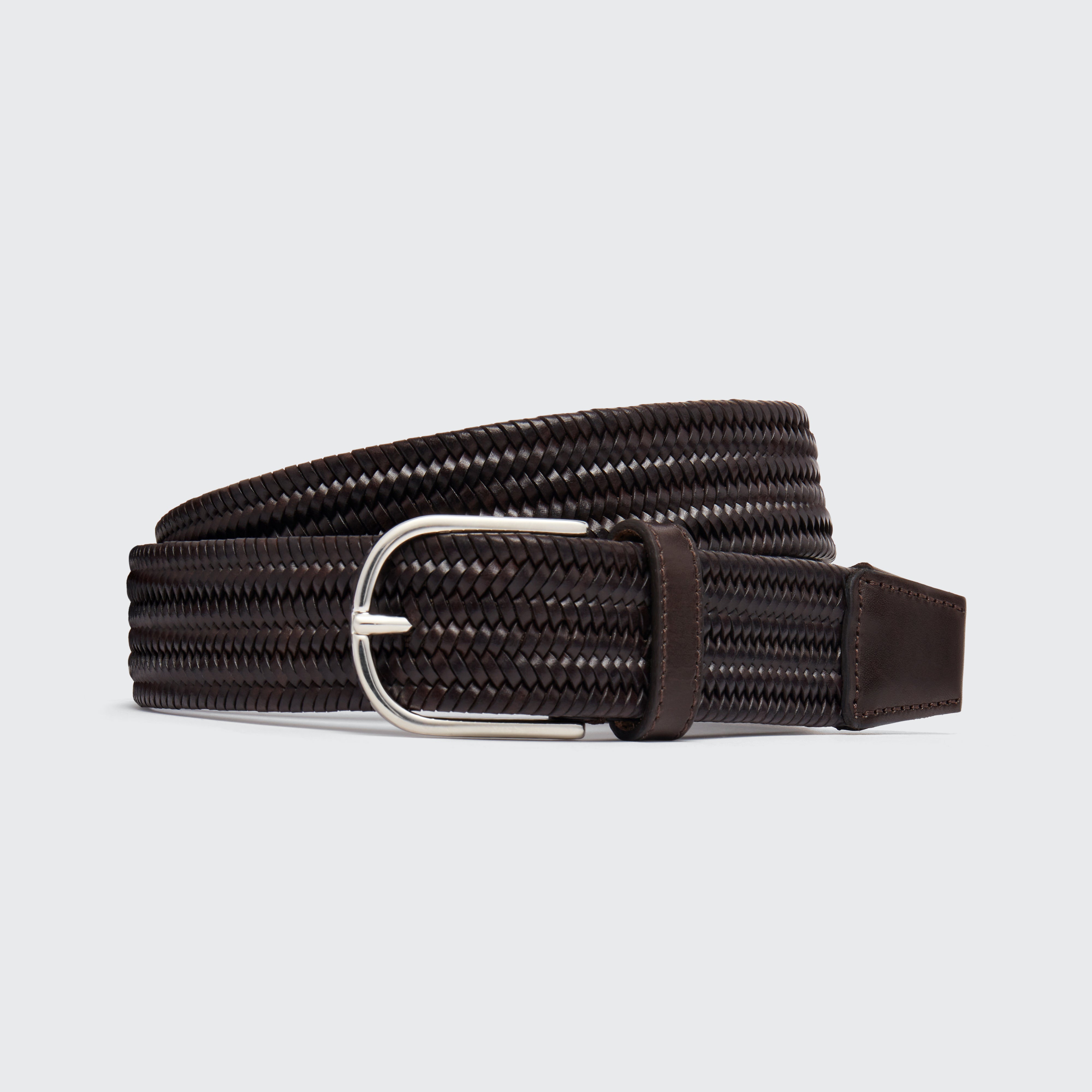 Woven Elasticated Leather Belt Dark Brown 35mm